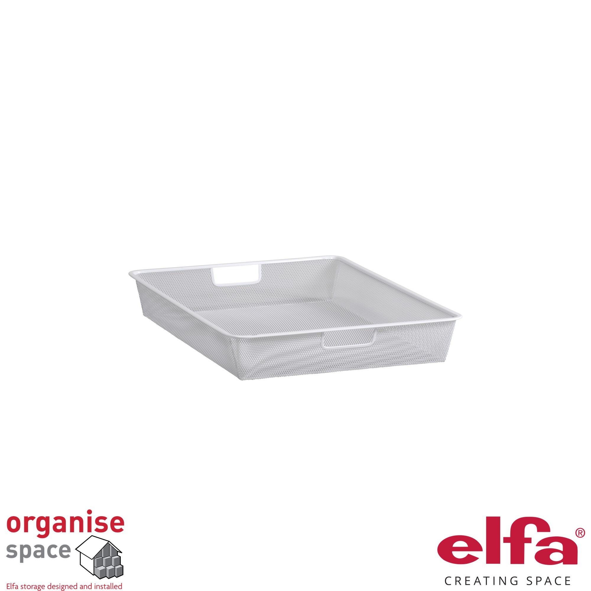 Elfa 145190 – Mesh drawer W:40 D:50 H:8 White offering sleek and efficient storage for wardrobes or offices.