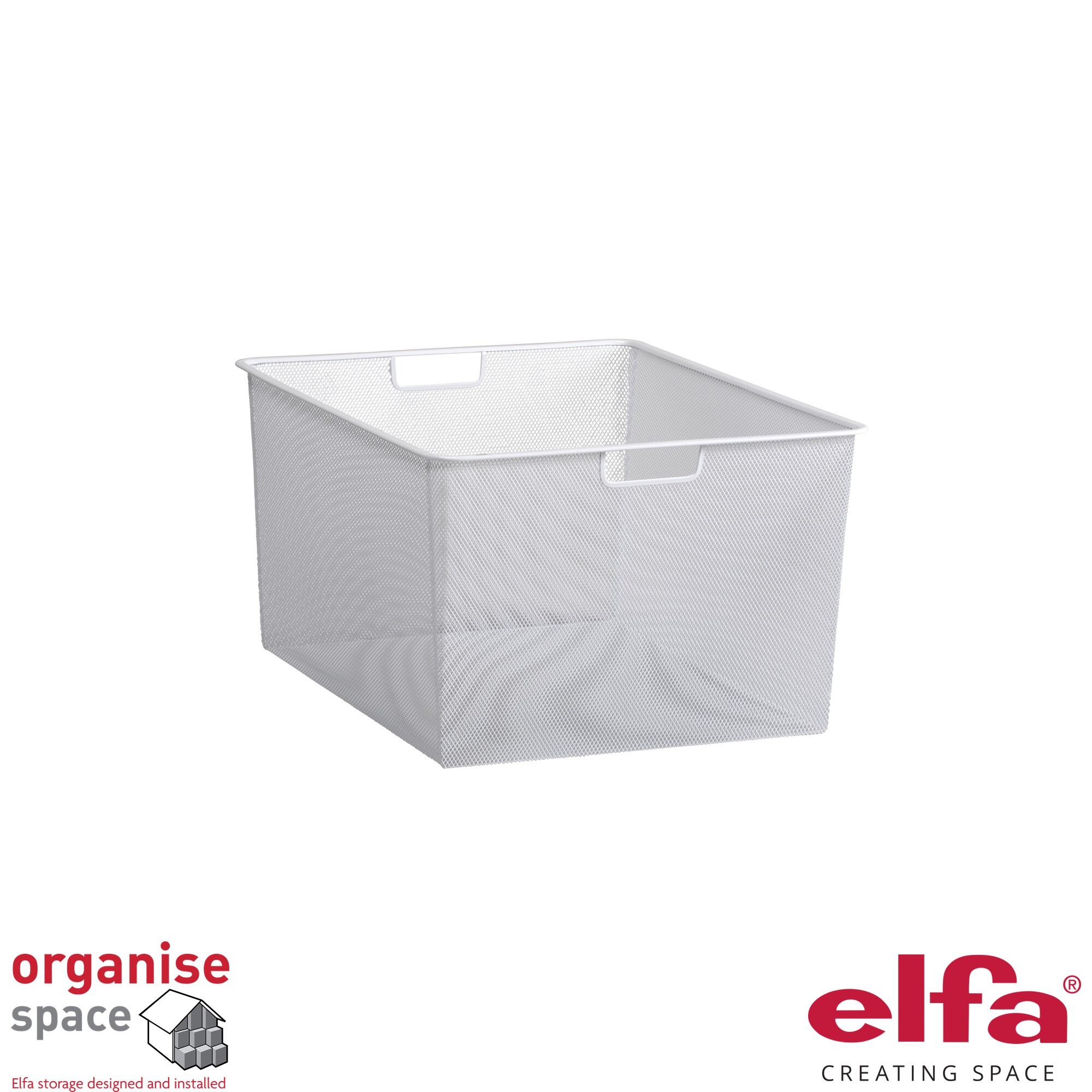Elfa 145390 – Mesh drawer W:40 D:50 H:28 White offering efficient and stylish storage for larger items in wardrobes, offices, or kitchens.