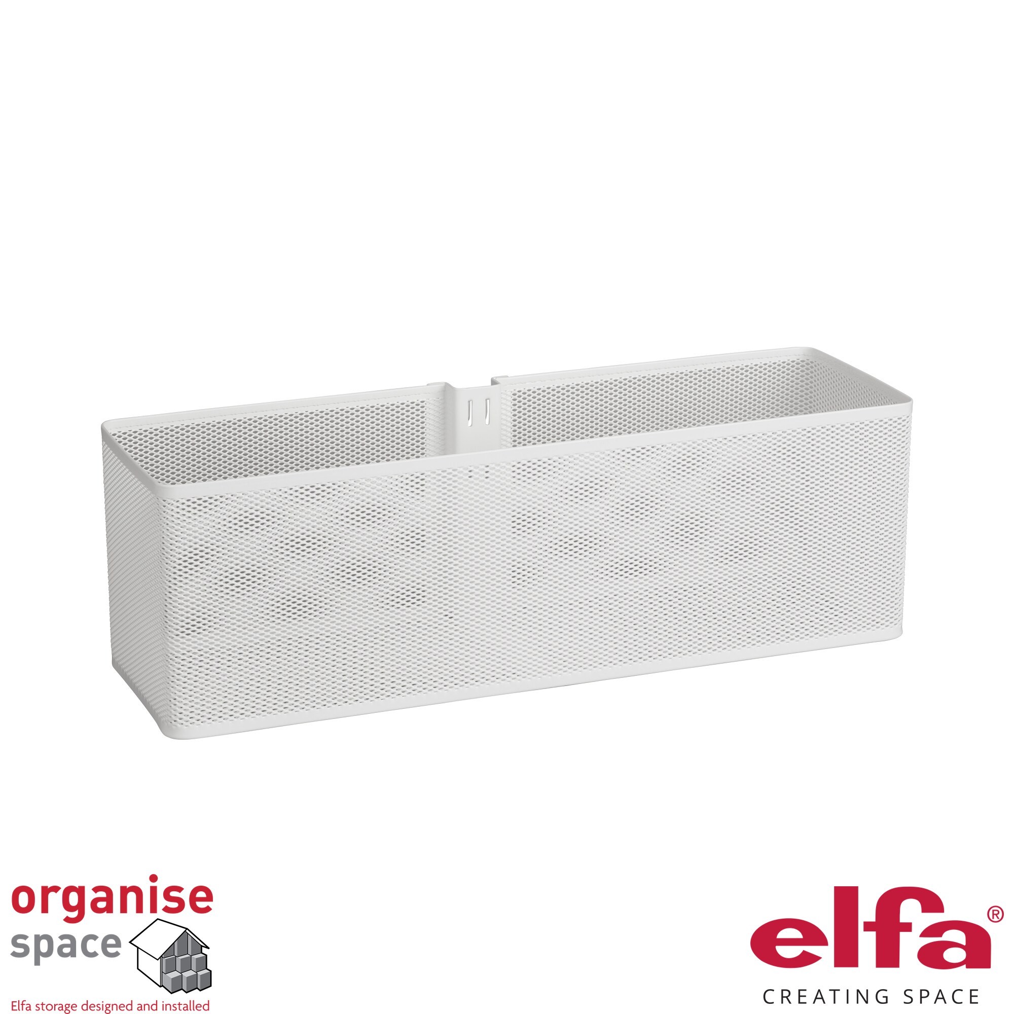 Elfa 333090 – Large mesh basket White, flexible and strong, ideal for storing larger items in modular setups.