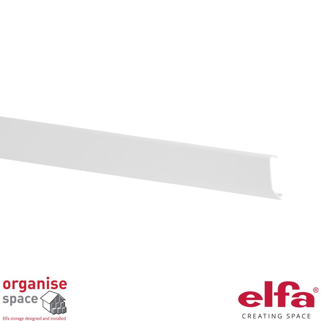Elfa 429210 Top Track Cover W60 White – Durable white cover for W60 top tracks in wall-mounted systems. Organise Space - Elfa Experts.