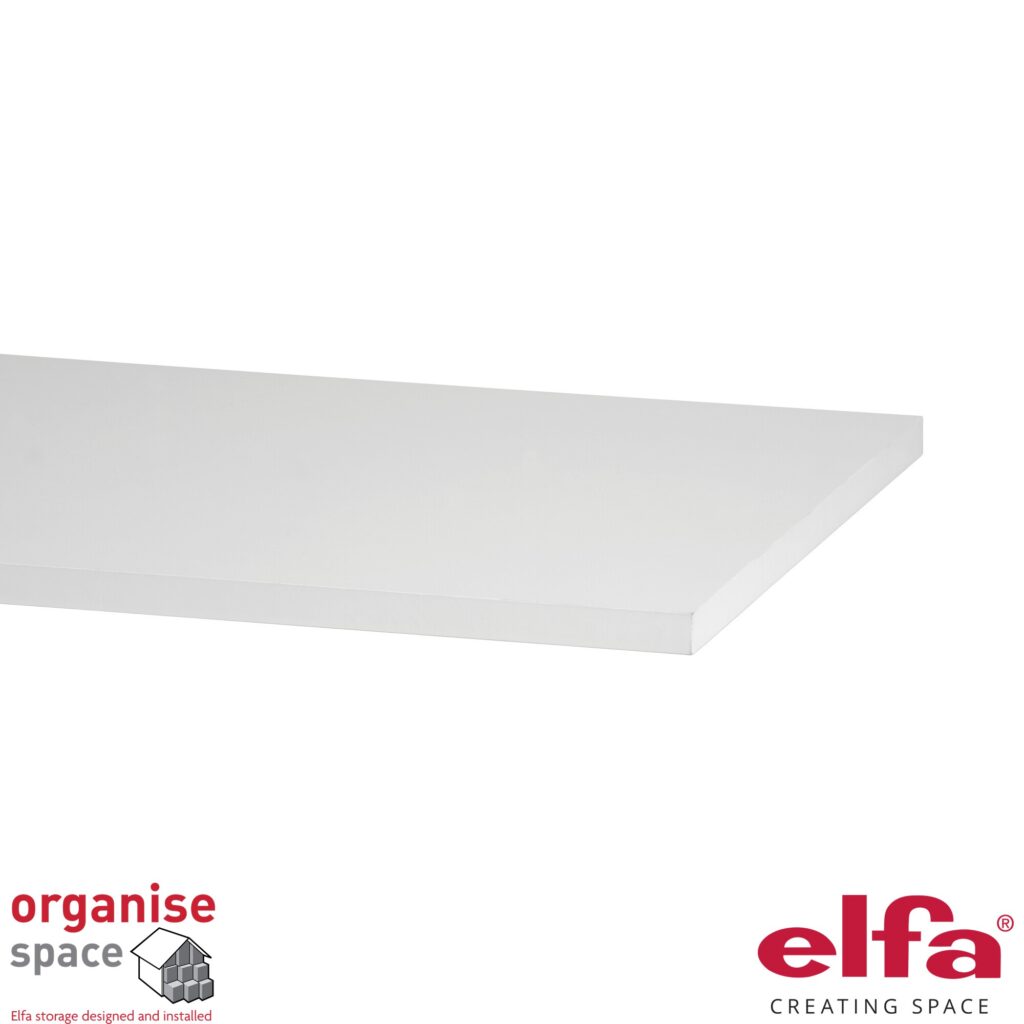 Elfa 430810 melamine shelf W120D50 White – 120x50cm white melamine shelf for large storage needs. Organise Space – Elfa Experts. 430810
