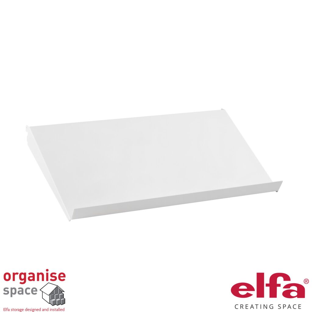 Elfa 454510 angled shelf metal W60H35 White – 60x35cm white angled metal shelf for adaptable storage. Organise Space – Elfa Experts. 454510