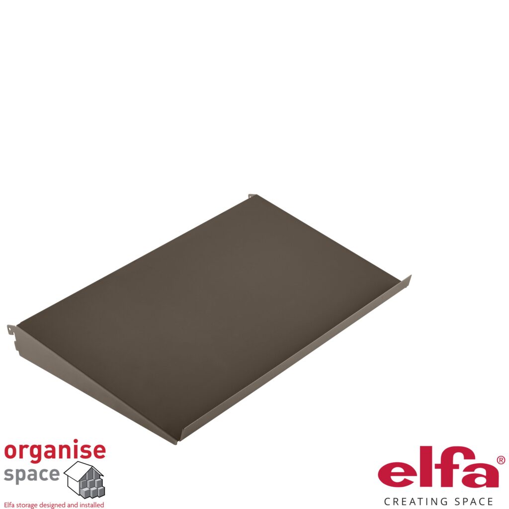 Elfa 454525 angled shelf metal W60H35 Graphite – 60x35cm graphite angled metal shelf for modern storage solutions. Organise Space – Elfa Experts. 454525