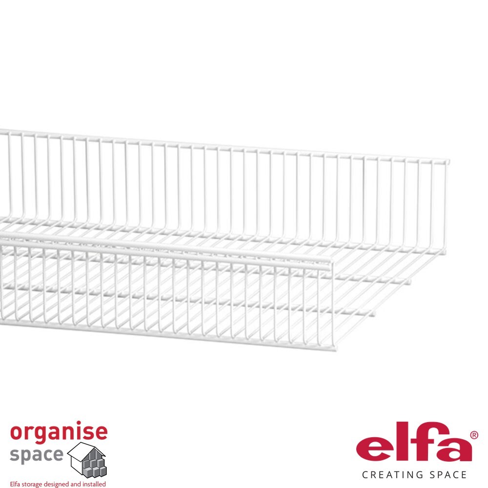 Elfa 457218 wire shelf basket W60D40 White – 60x40cm white wire shelf basket for wider storage needs. Organise Space – Elfa Experts. 457218