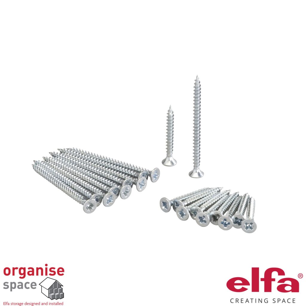 Elfa 471496 solid shelf bracket screws set Zinc plated – Zinc-plated screws for solid shelf brackets, essential for secure shelving installations. Organise Space – Elfa Experts. 471496