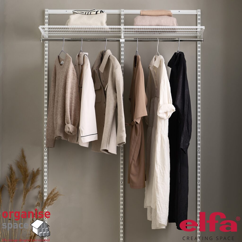 Elfa 472610 starter kit 2 section White – White 2-section wardrobe starter kit for organising smaller closets. Organise Space – Elfa Experts. 472610